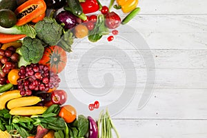 Vegetable and fruits on white wood background