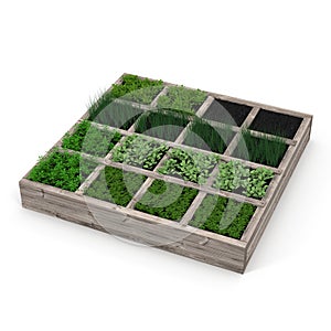 Vegetable garden with assortment vegetables and cold container on white. 3D illustration