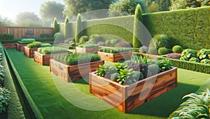 Vegetable Garden Herbs Plants Flowers Backyard Wooden Boxes Cedar AI Generate