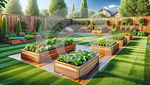 Vegetable Garden Herbs Plants Flowers Backyard Wooden Boxes Cedar AI Generate