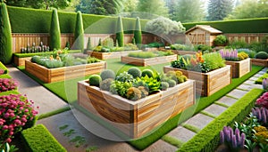 Vegetable Garden Herbs Plants Flowers Backyard Wooden Boxes Cedar AI Generate