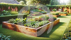 Vegetable Garden Herbs Plants Flowers Backyard Wooden Boxes Cedar AI Generate