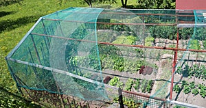 Vegetable garden of a house with a hail and bird protection net