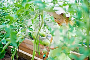 Vegetable garden - little girl taking care of the plants in the