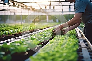 A vegetable grower works in a large industrial greenhouse growing vegetables and herbs.