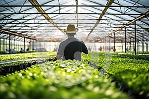 A vegetable grower works in a large industrial greenhouse growing vegetables and herbs.