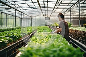 A vegetable grower works in a large industrial greenhouse growing vegetables and herbs.