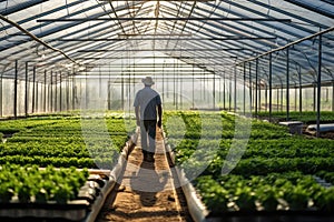 A vegetable grower works in a large industrial greenhouse growing vegetables and herbs.