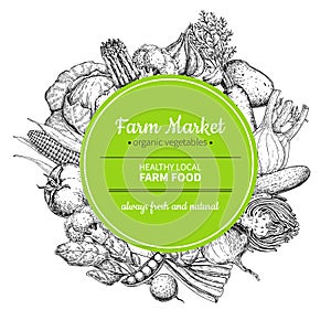 Vegetable hand drawn vintage vector frame illustration. Farm Market poster.