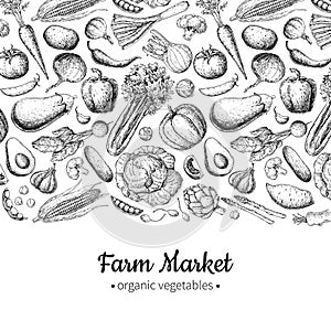 Vegetable hand drawn vintage vector illustration. Farm Market poster. Vegetarian set of organic products.