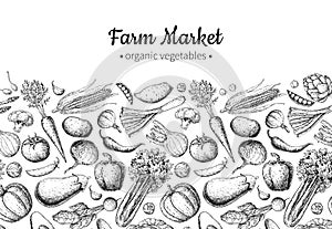 Vegetable hand drawn vintage vector illustration. Farm Market poster. Vegetarian set of organic products.