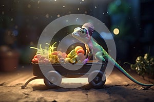 The vegetable harvester: A funny photorealistic cartoon chameleon with a wheelbarrow full of vegetables