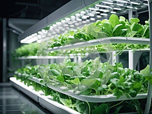 Vegetable hydroponic system. Green lettuce, vegetable garden growing on hydroponic system farm plants on water