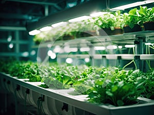 Vegetable hydroponic system. Green lettuce, vegetable garden growing on hydroponic system farm plants on water