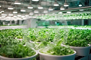 Vegetable hydroponic system. Green lettuce, vegetable garden growing on hydroponic system farm plants on water