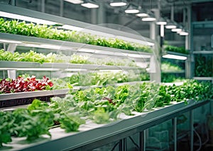 Vegetable hydroponic system. Green lettuce, vegetable garden growing on hydroponic system farm plants on water