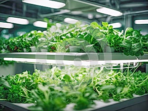 Vegetable hydroponic system. Green lettuce, vegetable garden growing on hydroponic system farm plants on water