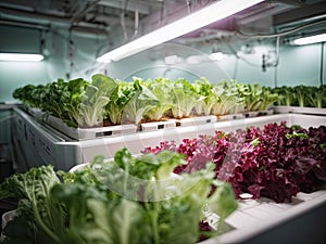 Vegetable hydroponic system. Green lettuce, vegetable garden growing on hydroponic system farm plants on water