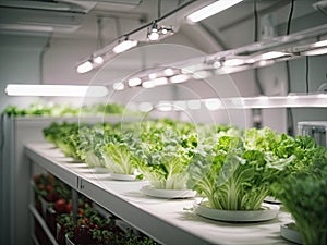 Vegetable hydroponic system. Green lettuce, vegetable garden growing on hydroponic system farm plants on water