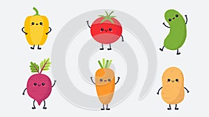 Vegetable icon set. Pepper tomato, carrot, root, beet, potatoes cucumber. Cute cartoon kawaii character. Smiling face eyes, hands
