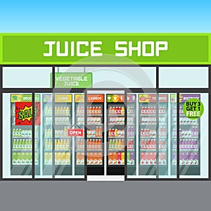 Vegetable Juice Shop Store. Fridge with Vegetable drinks