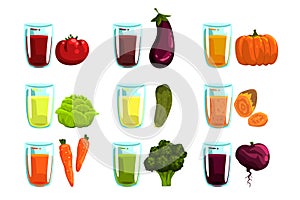 Vegetable juices set, carrot, broccoli, , eggplant, zucchini, tomato, cucumber, beetroot and pumpkin drinks for a