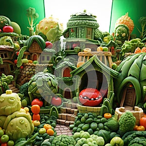 Vegetable Kingdom Fantasy vegetable garden with organic hut Generative AI