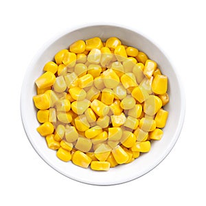 Canned corn, vegetable maize, sweet corn kernels in white bowl
