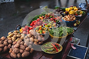 Vegetable market stall in the street market. Trade in seasonal goods at the street market