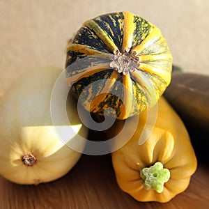 Vegetable marrows on kitchen table