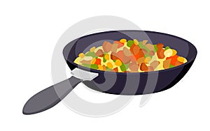 Vegetable and meat stir fry in frying pan, metal skillet with handle and hot meal