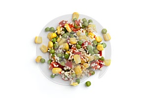 Vegetable mexican hawaiian mix of sweet corn, green peas, rice and red pepper isolated on white background.