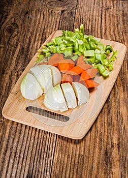 Vegetable mirepoix on a cutting board