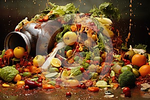 Vegetable mix with water splashes on a dark background, food getting wasted , AI Generated