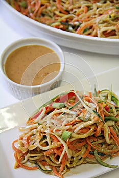 Vegetable Noodle Salad Peanut Sauce upclose vertical photo