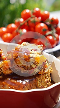Vegetable and nut roast with gravy with fresh tomatoes