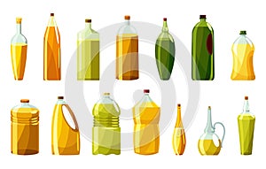 Vegetable oil bottles set. Cans with vitamin oil for cooking. Virgin organic healthy liquid products from seed. Isolated