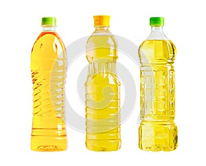 Vegetable oil glass bottle isolated on white background, organic healthy food for cooking