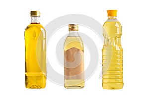 Vegetable oil with olive oil in different bottle for cooking isolated on white background with clipping path