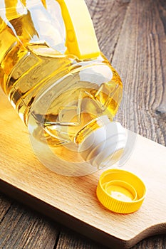 Vegetable oil in plastic bottle closeup