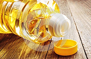 Vegetable oil in plastic bottle closeup