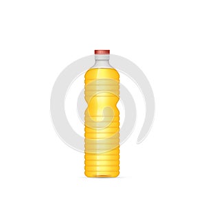 Vegetable oil in plastic bottle. Cooking sunflower oil. Food fat bottle. Cook oil bottle realistic