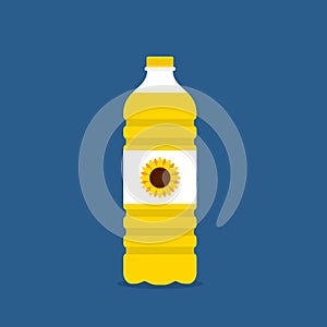 Vegetable oil in a plastic bottle isolated on blue background. Cartoon vector cooking oil. Food fat bottle. Cooking oil