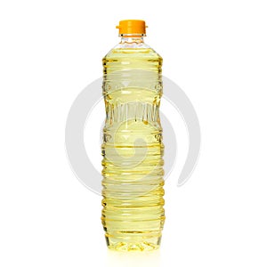 Vegetable oil in plastic bottle isolated on white background