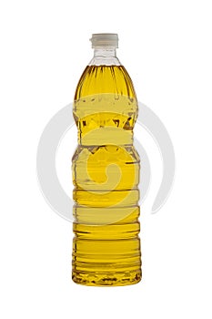 Vegetable oil in plastic bottle isolated on white background with clipping path