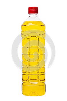 Vegetable oil plastic bottle, isolated on white background, full depth of field