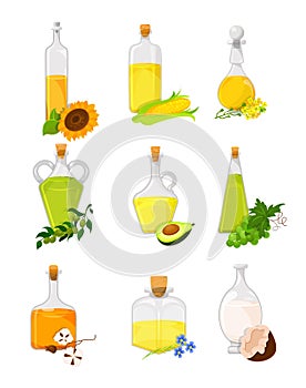 Vegetable oil set, different kinds of edible vegetable food oils cartoon vector Illustrations