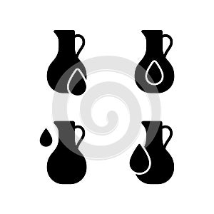Vegetable oil. Silhouette icons set. Jug with drop. Healthy natural food supplement. Organic ingredient in cosmetics, cream. Black