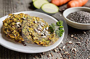Vegetable pancakes with zucchini, carrot, chia, flax seeds and oatmeal