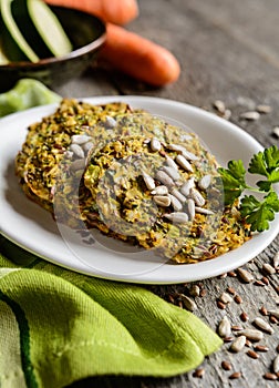 Vegetable pancakes with zucchini, carrot, chia, flax seeds and oatmeal